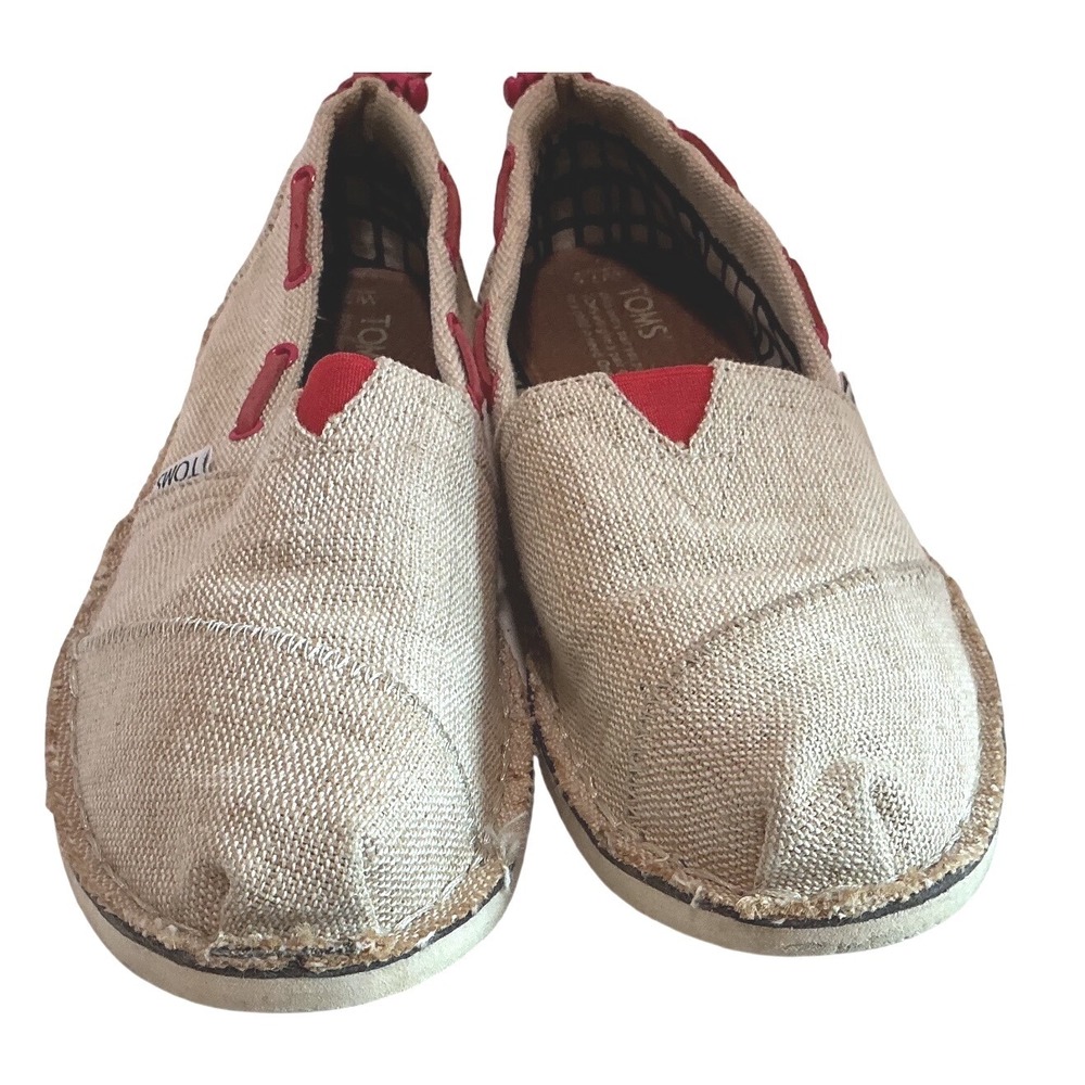 TOMS Bimini Beige Burlap Red Cord Boat Shoe Slip On Loafers Women's‎ 7.5